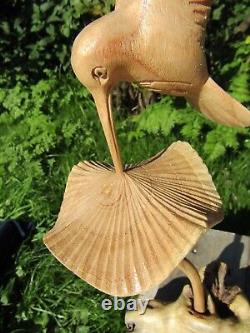 Hand Carved Made Wooden Humming Bird Hummingbird Mushroom Parasite Statue