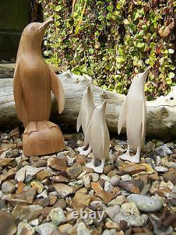 Hand Carved Made Wooden Large Single Penguin Or Set Of 3 Penguin Statue Ornament