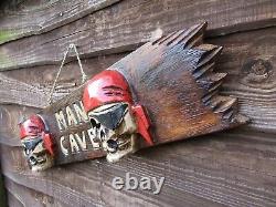 Hand Carved Made Wooden Man Cave Skull Pirate Gothic Wall Art Plaque Door Sign
