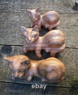 Hand Carved Made Wooden Shelf Cat Feline Sculpture Ornament Statue Set Of 3