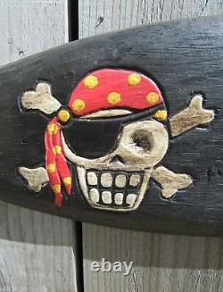 Hand Carved Made Wooden Skull Pirate Keep Out Gothic Surfboard Wall Plaque Sign