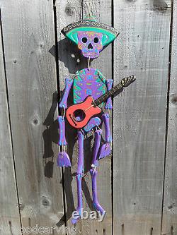 Hand Carved Made Wooden Sugar Skull Candy Mariachi Skeleton Wind Chime Mobile