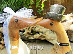 Hand Carved Made Wooden Wedding Duck Ornament Sculpture Bride Groom Set Of 2
