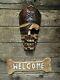 Hand Carved Made Wooden Welcome Skull Pirate Gothic Wall Art Hanging Door Plaque