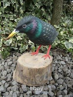 Hand Carved Made Wooden Wood Starling Pied Wagtail Garden Bird Ornament Statue