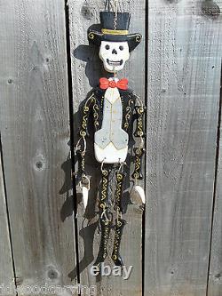 Hand Carved Made Wooden Wood Sugar Skull Candy Man Skeleton Wind Chime Mobile