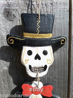 Hand Carved Made Wooden Wood Sugar Skull Candy Man Skeleton Wind Chime Mobile