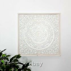 Hand Carved Wooden Decorative Wall Art Framed Mandala Distressed White