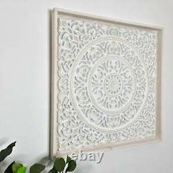 Hand Carved Wooden Decorative Wall Art Framed Mandala Distressed White
