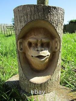 Hand Made Carved Wooden Garden Monkey Chimpanzee Wall Art Plaque Log Sculpture