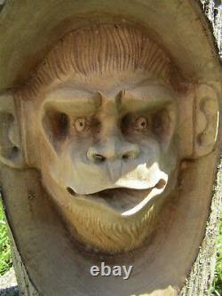 Hand Made Carved Wooden Garden Monkey Chimpanzee Wall Art Plaque Log Sculpture