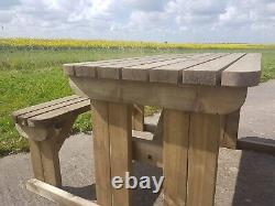 Hand Made ROUNDED Wooden Pub Garden Table, Picnic With Attached Benches