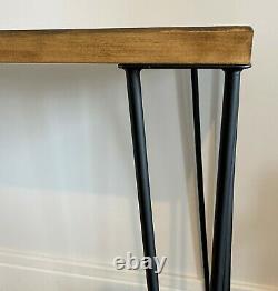 Hand Made wooden desk with metal 2 pronged legs wood stained jacobean oak
