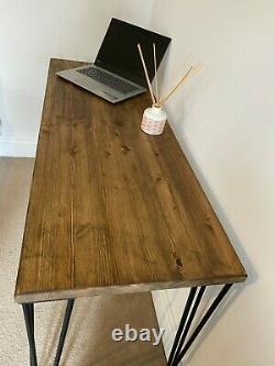 Hand Made wooden desk with metal 3 pronged legs wood stained jacobean oak