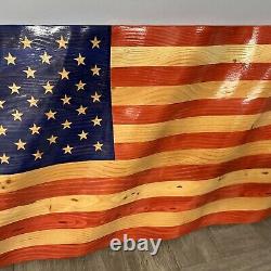 Handmade Artist Stamped Wooden Rustic Waving American Flag 32 x 16 50 Stars
