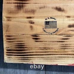 Handmade Artist Stamped Wooden Rustic Waving American Flag 32 x 16 50 Stars