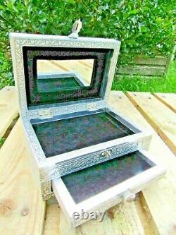Handmade Carved Wooden Aluminium Hand Of Fatima Hamsa Mirror Jewellery Box Case