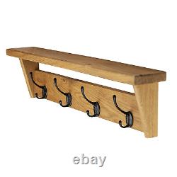 Handmade Oak Coat Rack Solid Natural Wooden Entryway Shelf with Cast Iron Hooks