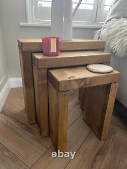 Handmade Rustic Solid Wood Wooden Nest of 3 Tables Farmhouse