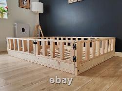 Handmade wooden toddler floor bed with rails and gate, Montessori floor bed