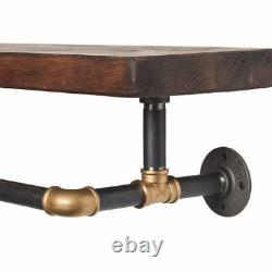 Industrial Clothes Rail and Solid Wooden Shelf Black & Brass Pipe Fittings