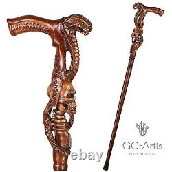 King Cobra Snake & Skull Head Wooden Walking Stick Cane Hand Carved gift for men