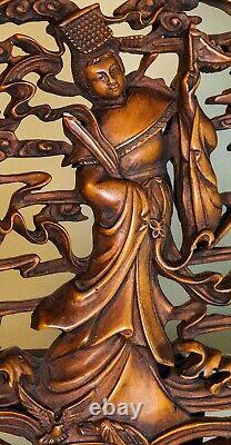 Kwan Yin elaborately hand-carved wooden plaque15.5 (39cm) by 16 inches (40 cm)
