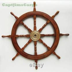 Large 36 Boat Ship Wooden Steering Wheel Brass Center Nautical Wall Decor New