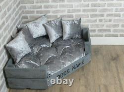 Large Personalised Grey Corner Wooden Dog Bed In Grey Crushed Velvet