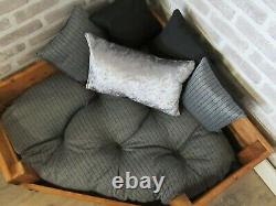 Large Personalised Oak Stain Corner Wooden Dog Bed In Grey Fabric With Cushions