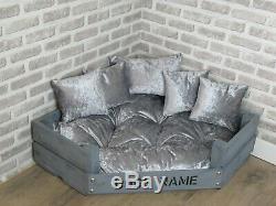 Large Personalised Rustic Grey Wooden Corner Dog Bed In Grey Crushed Velvet