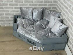 Large Personalised Rustic Grey Wooden Corner Dog Bed In Grey Crushed Velvet