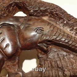 Large Vintage African Hand Carved Wooden Panel Elephants Scene Decorative Art