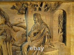 Large hand carved wooden plaque, Biblical scene, Jesus & the good Samaritan