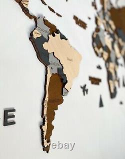 Multilayered Wooden World Wall Map in Dark Brown and Grey M size 43 x 24