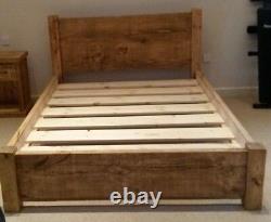 NEW SOLID WOOD RUSTIC CHUNKY DOUBLE BED WITH LOW FOOTEND, WOODEN PLANK 4ft6 BED