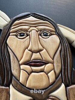 Native American Indian Warrior Art Intarsia Wood Sculpted Wooden Wall Hanging