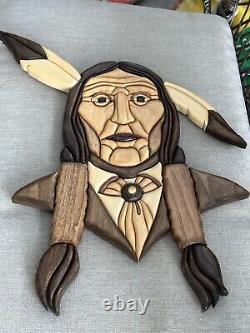 Native American Indian Warrior Art Intarsia Wood Sculpted Wooden Wall Hanging