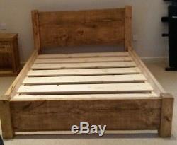 New Solid Wood Rustic Chunky Kingsize Bed With Low Footend, Wooden Plank Bed