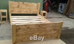 New Solid Wood Rustic Chunky Plank Wooden 4'6 Double Bed With Plank Footboard