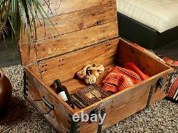 Old Travel Trunk Coffee Table Cottage Wooden Pine Chest Vintage Blanket Box