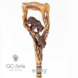 Original Walking Stick Cane Wooden Carved Crafted Grizzly Bear & Salmon GC-Artis