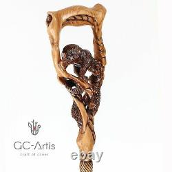 Original Walking Stick Cane Wooden Carved Crafted Grizzly Bear & Salmon GC-Artis