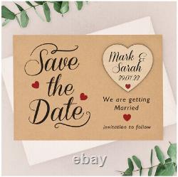 PERSONALISED Save The Date Cards Kraft Wedding Wooden Heart Fridge Magnets Boho