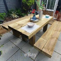 RUSTIC TIMBER Railway Sleeper Garden Table & Bench Set, Wooden Garden Furniture