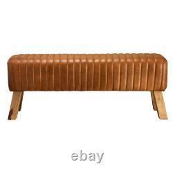 Real Genuine Tan Leather Bench with Wooden Legs & Ribbed Stitching Handmade