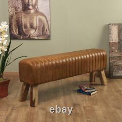 Real Genuine Tan Leather Bench with Wooden Legs & Ribbed Stitching Handmade