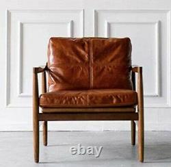 Real leather wooden handmade armchair brown