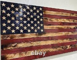 Rustic American Flag Wooden Hand Crafted, Carved Union Stars 37x19