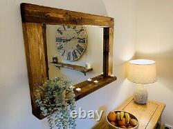 Rustic Hand Wooden Mirror With Shelf in Dark oak wax finish Size 720mm X 960mm